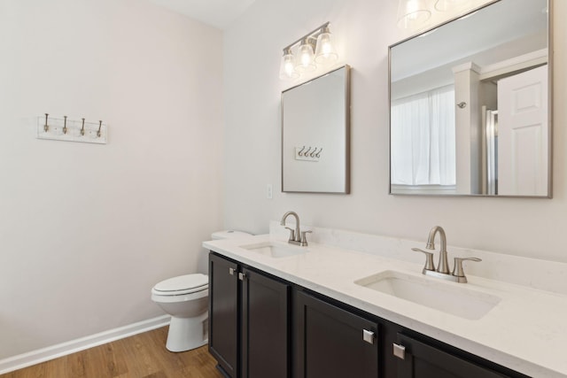 bathroom with vanity, wood-type flooring, and toilet