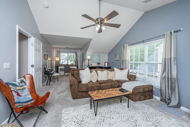 9636 Pebble Creek Blvd, Summerville, SC 29485 - living area featuring vaulted ceiling, carpet, ceiling fan, and baseboards