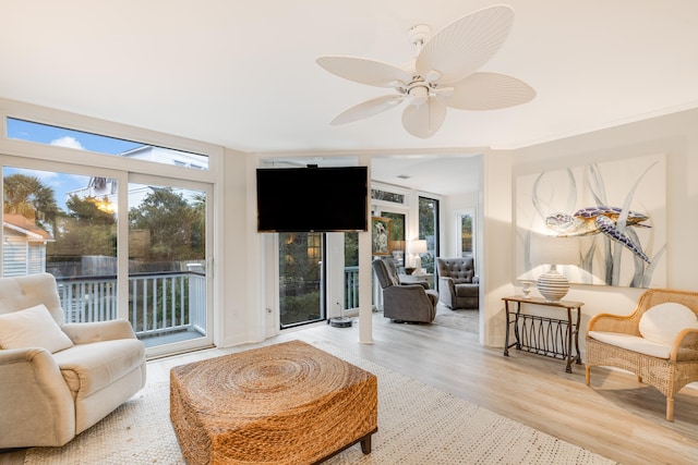 interior space featuring light hardwood / wood-style flooring and ceiling fan