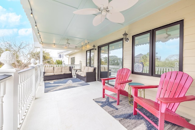 view of patio / terrace featuring ceiling fan and outdoor lounge area