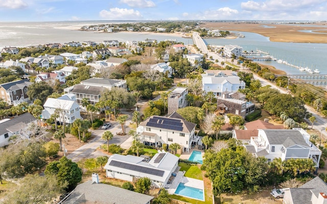 drone / aerial view with a water view