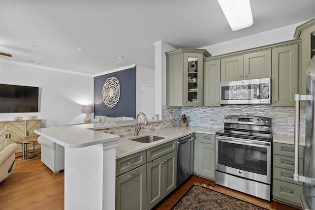 kitchen with open floor plan, appliances with stainless steel finishes, a sink, and green cabinets