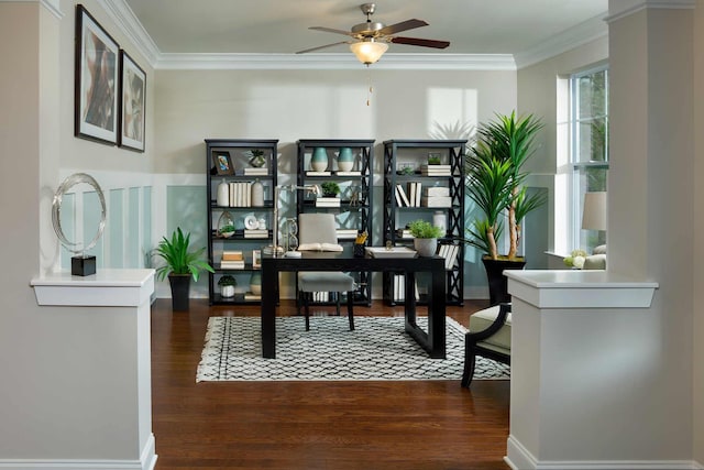 office area with crown molding, ceiling fan, and dark hardwood / wood-style floors