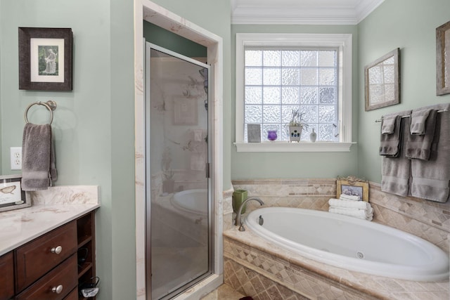 bathroom featuring vanity, a garden tub, a shower stall, and crown molding