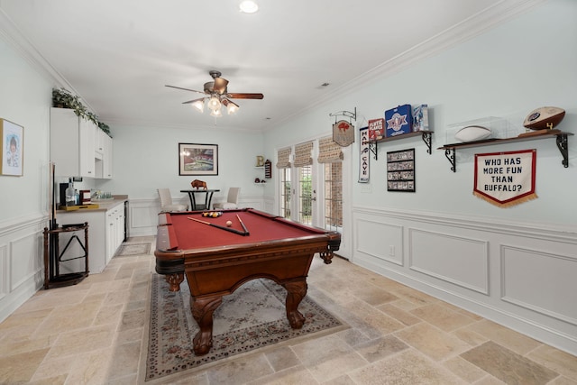 playroom featuring ceiling fan, crown molding, pool table, and stone tile flooring