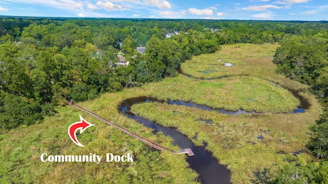 drone / aerial view with a wooded view and a water view