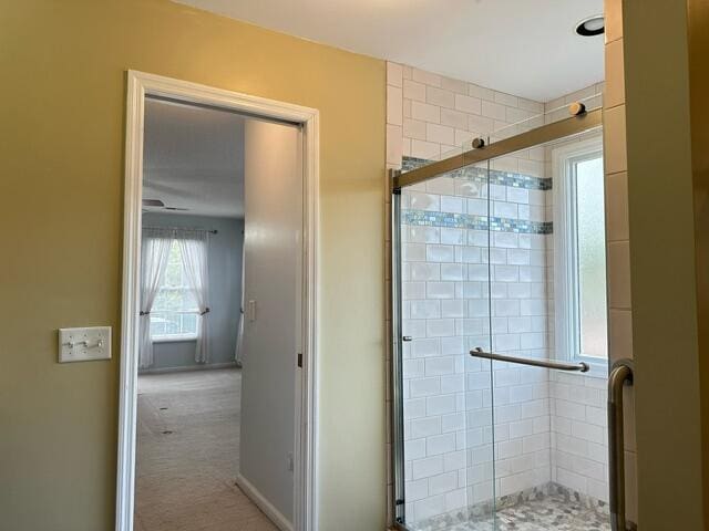 bathroom with a shower with door