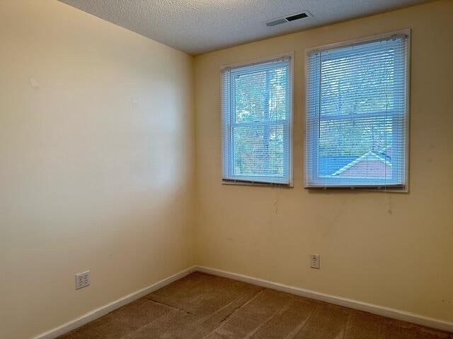 carpeted spare room with baseboards, visible vents, and a textured ceiling