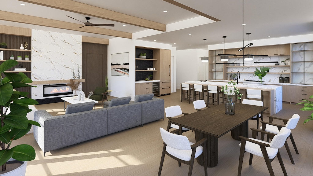 dining space with a fireplace, recessed lighting, ceiling fan, beverage cooler, and beamed ceiling