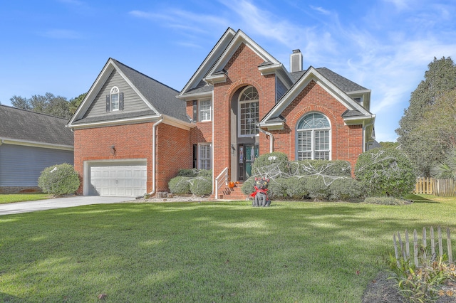 view of property with a front lawn and a garage