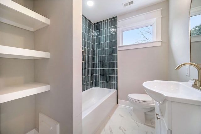 full bath featuring vanity, toilet, marble finish floor, shower / washtub combination, and visible vents