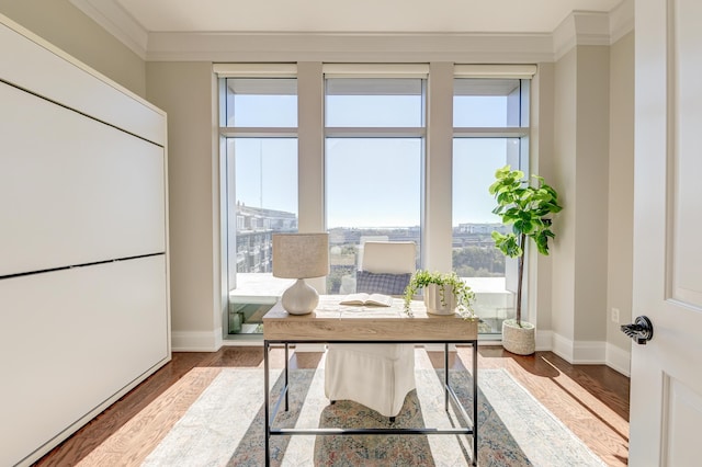 office space with a healthy amount of sunlight, wood-type flooring, and ornamental molding