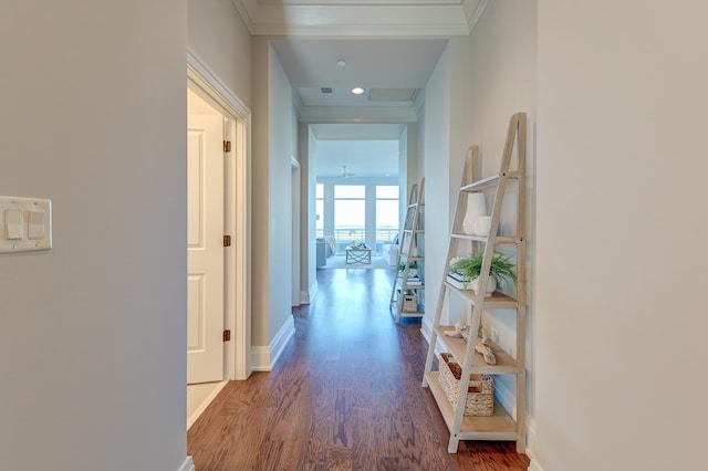 corridor featuring dark wood-type flooring