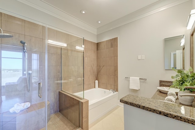 bathroom with separate shower and tub, crown molding, tile patterned flooring, and vanity