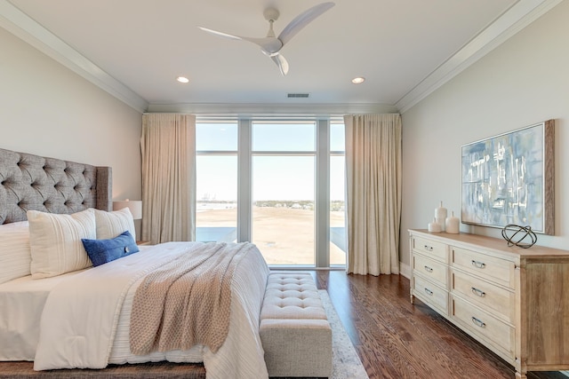 bedroom featuring access to exterior, ceiling fan, crown molding, and dark wood-type flooring