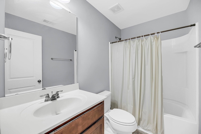 bathroom with toilet, shower / bath combination with curtain, vanity, and visible vents