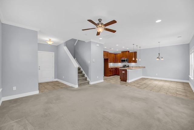 unfurnished living room featuring recessed lighting, stairway, ornamental molding, light carpet, and baseboards