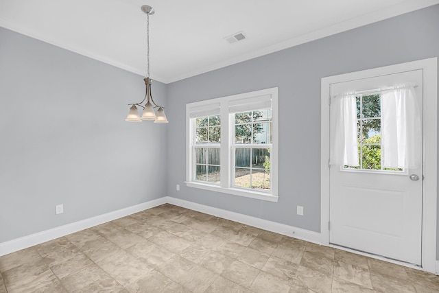 unfurnished dining area with a healthy amount of sunlight, baseboards, visible vents, and crown molding