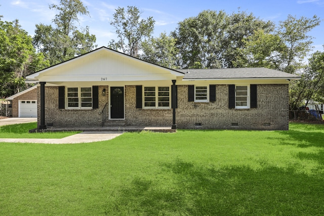 267 Industrial Rd, Walterboro, SC 29488 - ranch-style home with crawl space, brick siding, a front lawn, and a garage