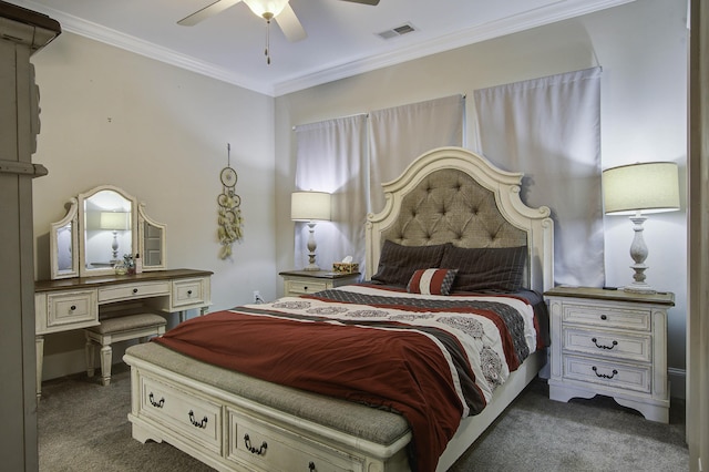 bedroom with dark carpet, a ceiling fan, ornamental molding, and visible vents
