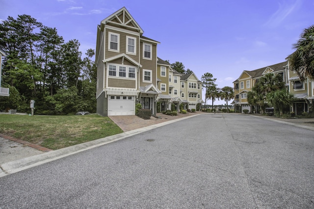 view of road with a residential view and curbs