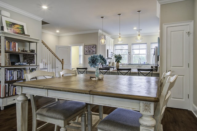 dining space with ornamental molding, stairs, dark wood-style floors, and recessed lighting