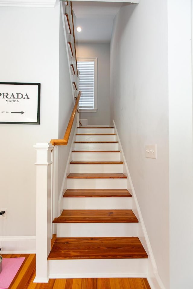 stairway with hardwood / wood-style flooring