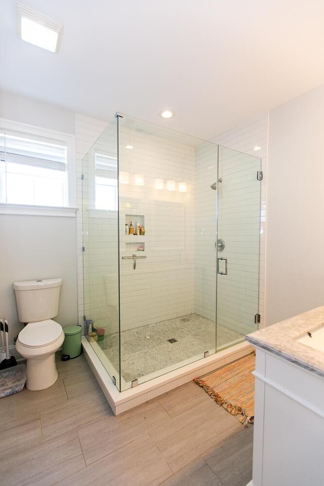 bathroom with vanity, toilet, and a shower with shower door