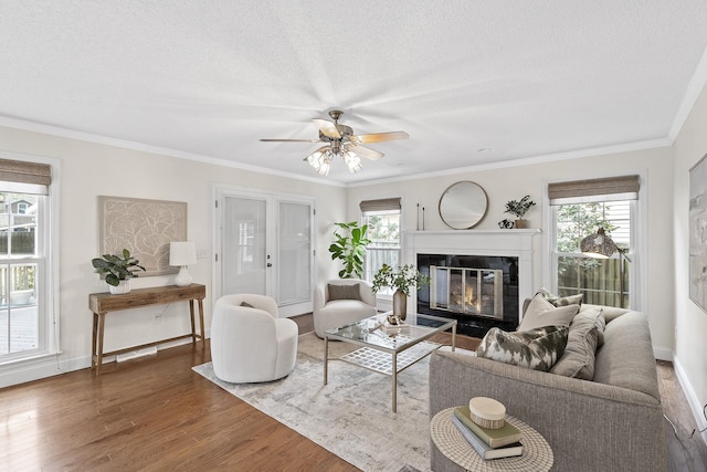 living room with wood-type flooring, a textured ceiling, ceiling fan, and ornamental molding