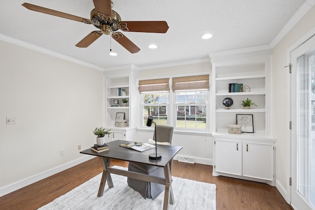 office with dark wood-type flooring and a textured ceiling