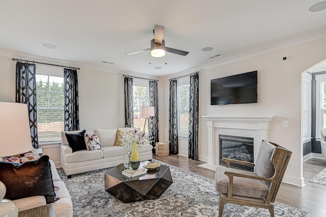 living area with ornamental molding, a glass covered fireplace, baseboards, and wood finished floors