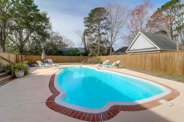 view of swimming pool featuring a patio area, a fenced backyard, and a fenced in pool