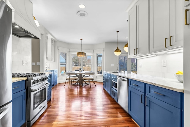 kitchen with custom range hood, appliances with stainless steel finishes, a sink, wood finished floors, and blue cabinets