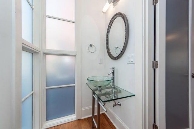 bathroom with wood-type flooring and sink