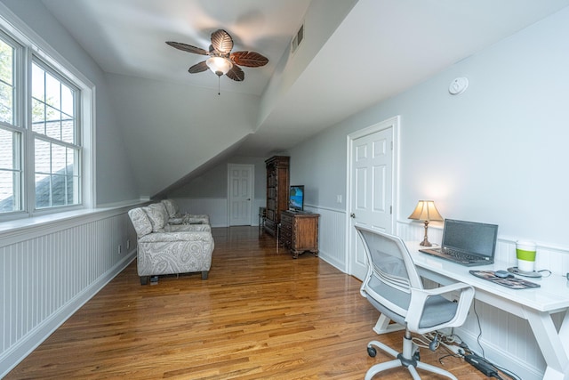 4233 Haulover Dr, Johns Island, SC 29455 - office area with a ceiling fan, wood finished floors, and a wainscoted wall