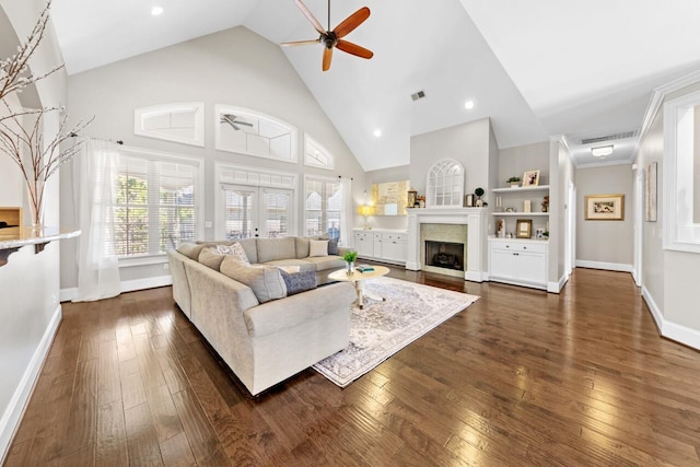 241 Clubside Dr, Lexington, SC 29072 - living room with a ceiling fan, dark wood-style flooring, a fireplace, baseboards, and high vaulted ceiling