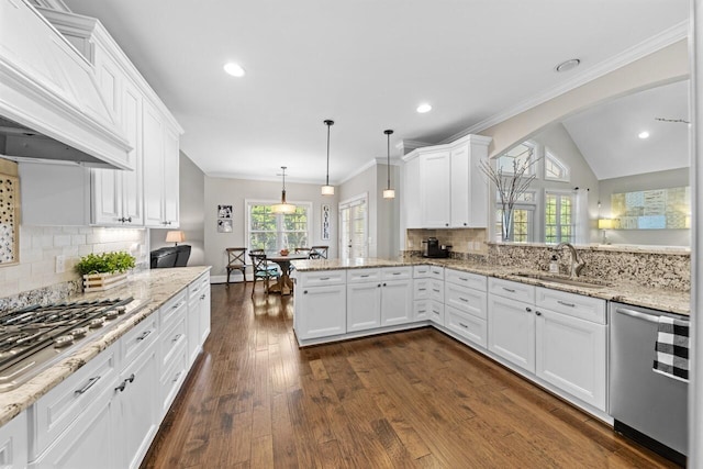 241 Clubside Dr, Lexington, SC 29072 - kitchen with custom exhaust hood, stainless steel appliances, a sink, a peninsula, and white cabinetry