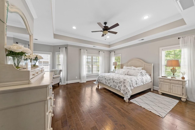 241 Clubside Dr, Lexington, SC 29072 - bedroom with a raised ceiling, ornamental molding, multiple windows, dark wood-style floors, and recessed lighting