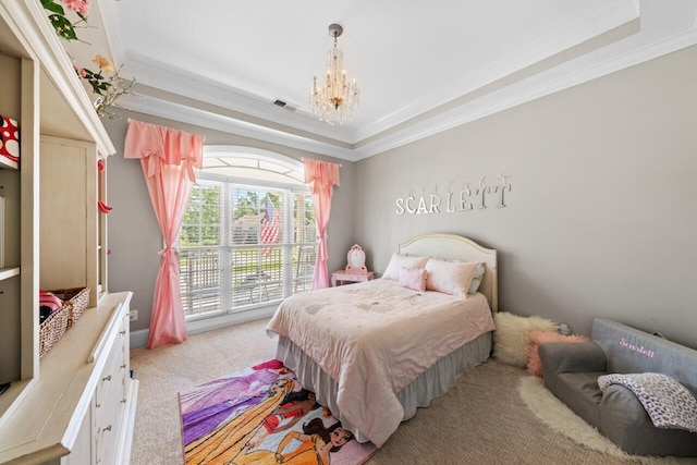 241 Clubside Dr, Lexington, SC 29072 - bedroom featuring light colored carpet, a chandelier, a raised ceiling, and ornamental molding