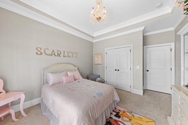 241 Clubside Dr, Lexington, SC 29072 - bedroom with light carpet, ornamental molding, a chandelier, baseboards, and a closet
