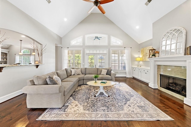241 Clubside Dr, Lexington, SC 29072 - living room featuring a ceiling fan, a fireplace, healthy amount of natural light, high vaulted ceiling, and dark wood finished floors