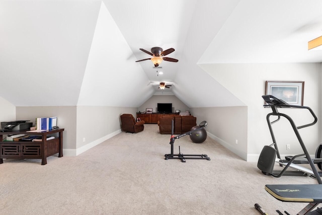 241 Clubside Dr, Lexington, SC 29072 - workout area with carpet, baseboards, lofted ceiling, and a ceiling fan