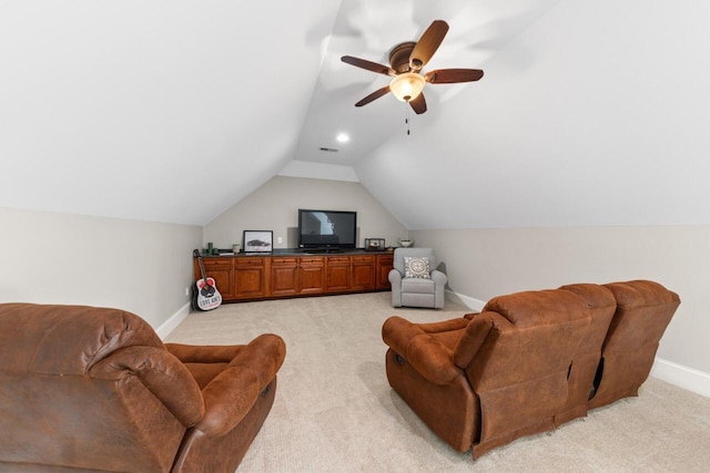 241 Clubside Dr, Lexington, SC 29072 - living room with baseboards, lofted ceiling, light carpet, recessed lighting, and ceiling fan