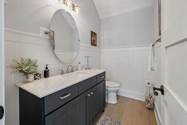 bathroom with toilet, vanity, and hardwood / wood-style flooring