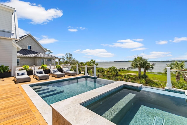 553 Old Compass Rd, Daniel Island, SC 29492 - outdoor pool featuring an outdoor living space, an in-ground hot tub, and a deck with water view