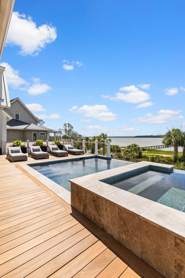 553 Old Compass Rd, Daniel Island, SC 29492 - swimming pool featuring an in-ground hot tub and a deck with water view