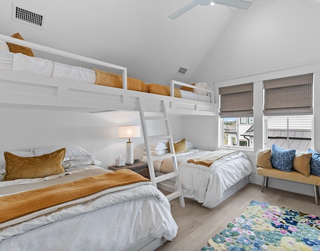 553 Old Compass Rd, Daniel Island, SC 29492 - bedroom featuring light wood finished floors, high vaulted ceiling, and ceiling fan