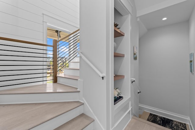 553 Old Compass Rd, Daniel Island, SC 29492 - stairs with baseboards, wood finished floors, and recessed lighting
