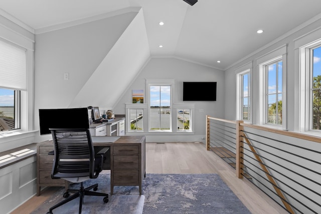 553 Old Compass Rd, Daniel Island, SC 29492 - home office featuring light wood-style flooring, plenty of natural light, lofted ceiling, and crown molding