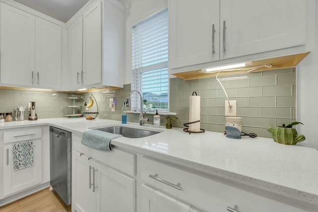 432 Eva St, Moncks Corner, SC 29461 - kitchen featuring sink, stainless steel dishwasher, backsplash, white cabinets, and light wood-type flooring